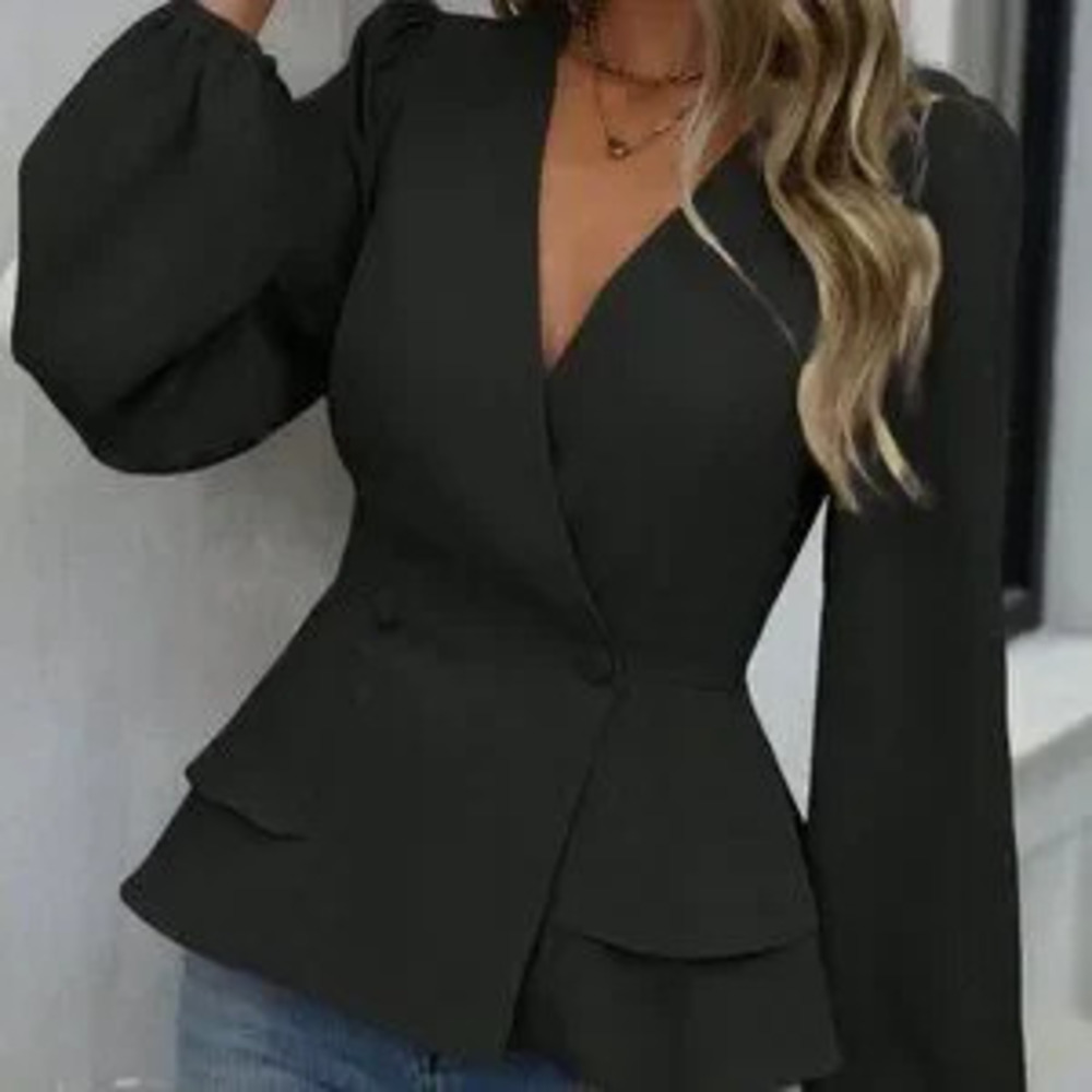 Black Elegant Women's Double-Breasted Ruffle Hem V-Neck Long Sleeve top